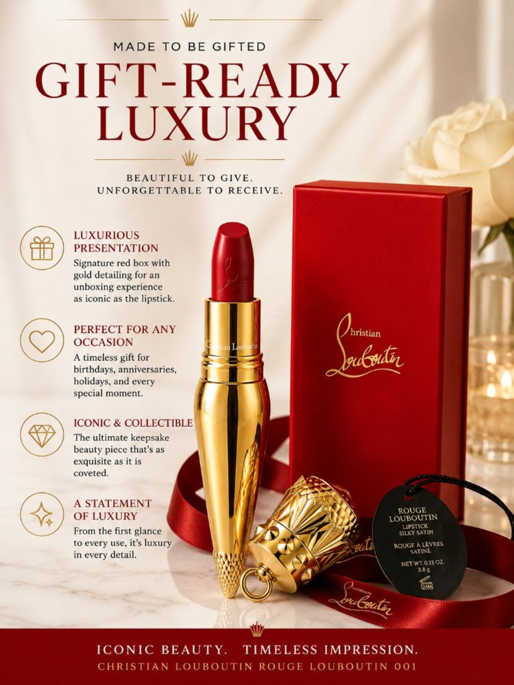 Christian Louboutin Rouge Louboutin 001 Silky Satin Lipstick Red Gold Case NIB - Picture 3 of 7